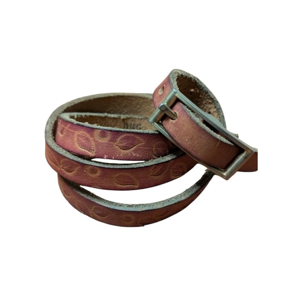 Vintage Tooled Leather Skinny Belt Floral Embossed Boho Wrap nature western